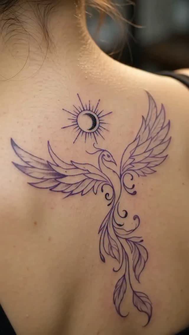 Purple phoenix tattoo on a back featuring a sun and crescent moon symbol.