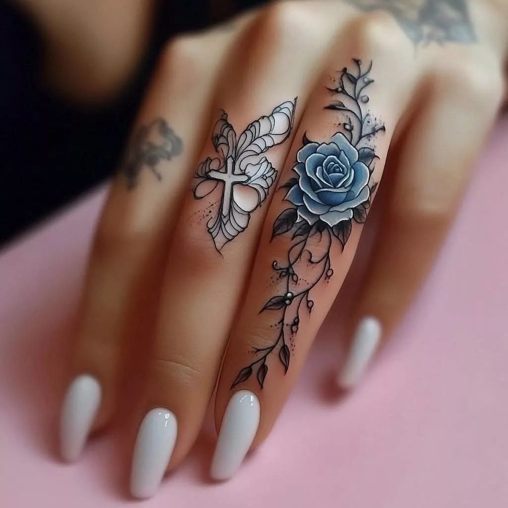 Blue rose tattoo with black vines on a finger with white nails