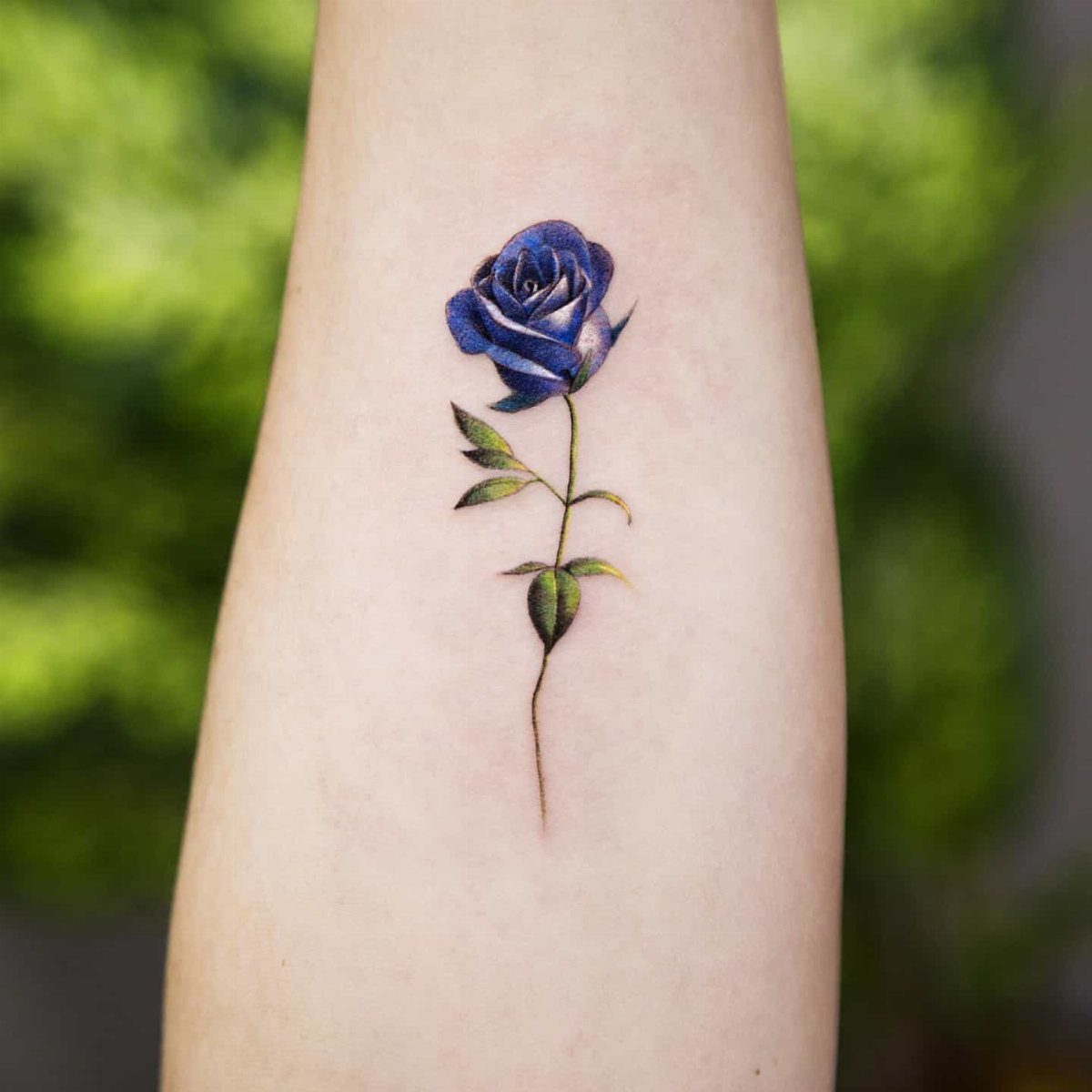 Royal blue rose tattoo with green stem and leaves on a forearm