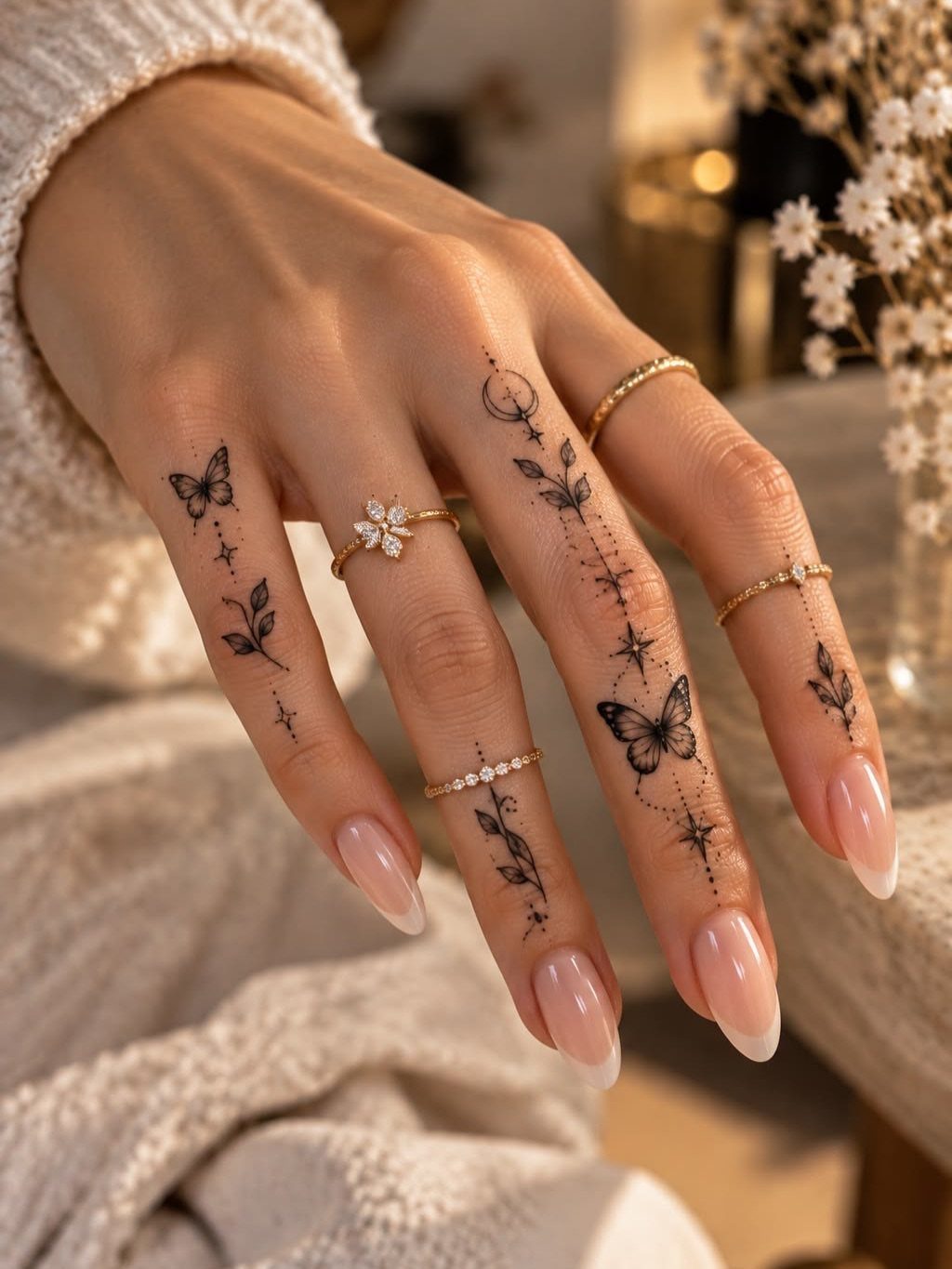 Hand with small black butterfly and botanical tattoos on fingers wearing gold rings