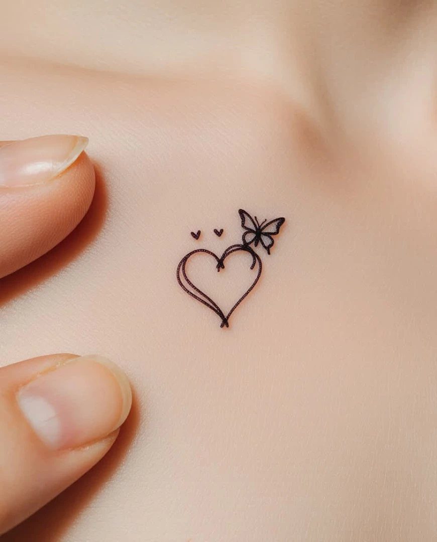 Small black ink tattoo of a heart and butterfly on fair skin.