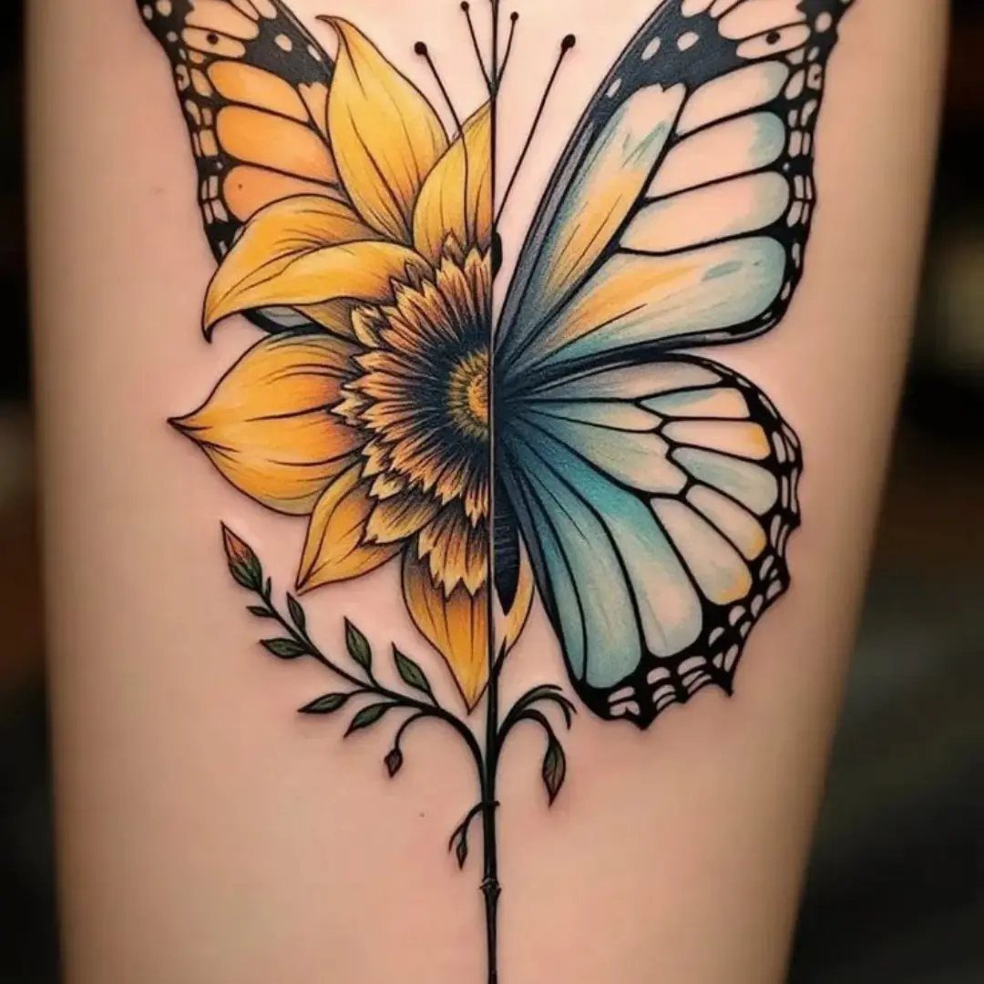 Split tattoo of a yellow sunflower and a blue butterfly wing on skin