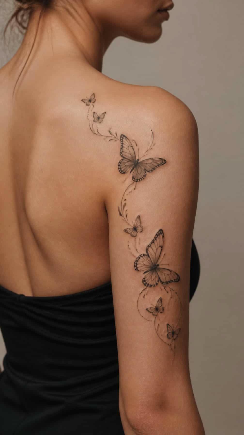 Multiple butterfly tattoos with a swirling vine on a woman's shoulder and arm