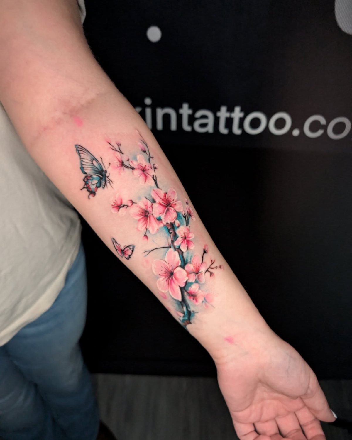 Forearm tattoo of pink cherry blossoms and two colorful butterflies on a branch.