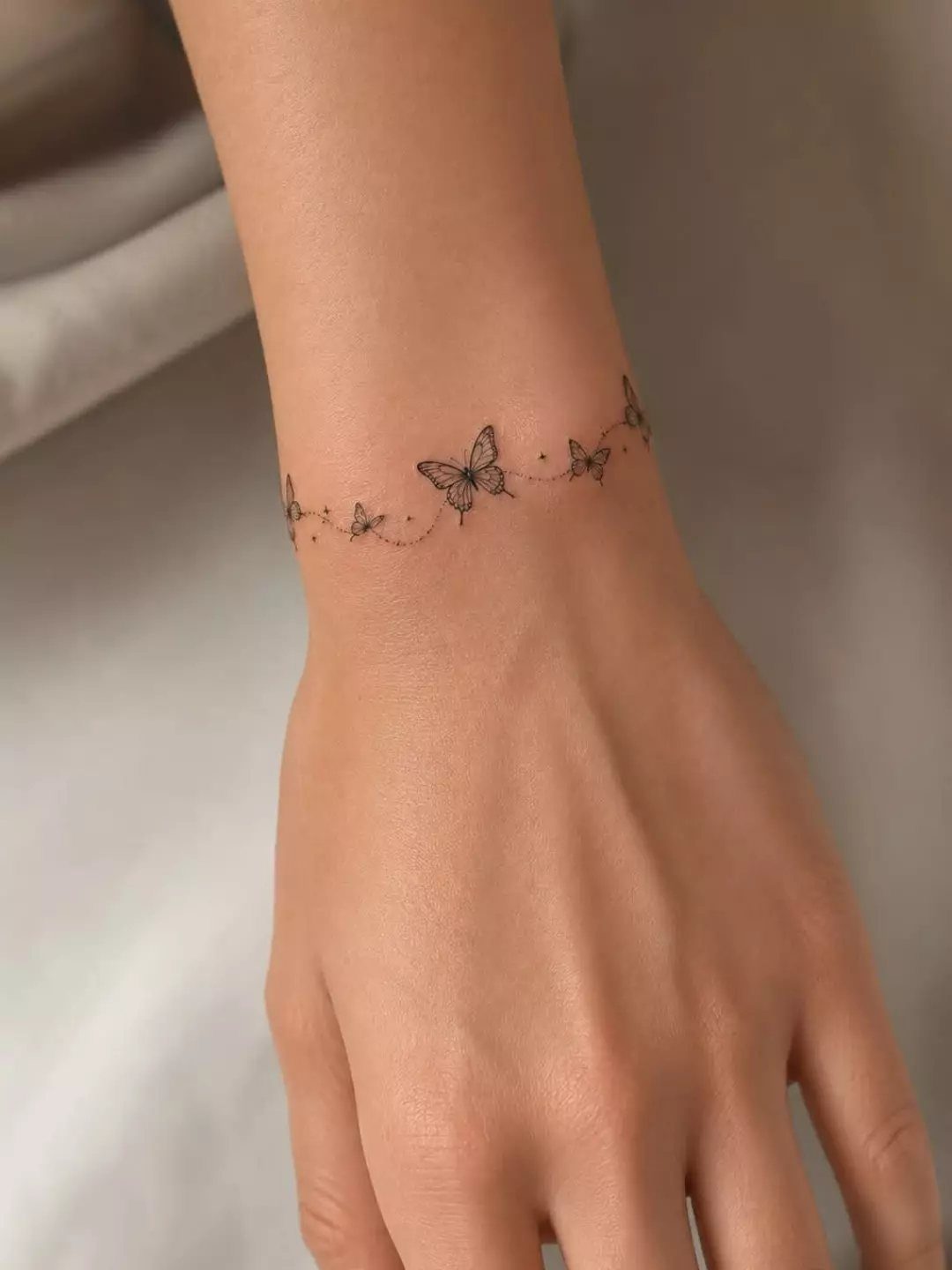 Butterfly wrist chain tattoo with small black butterflies and a dotted line bracelet.
