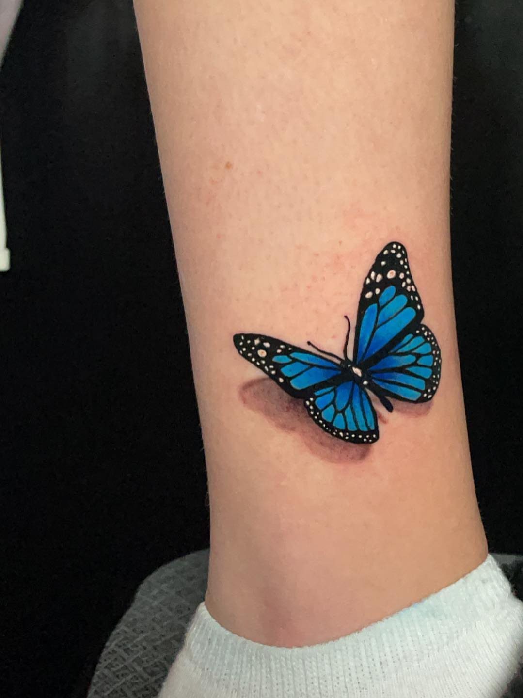 Blue butterfly tattoo on a forearm with a shadow for a floating effect