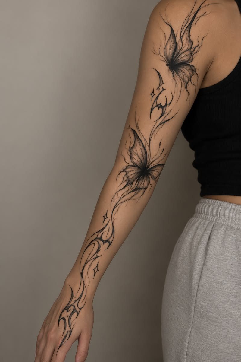 Black ink butterfly tattoos on an arm with flowing lines and fragmented wing details.