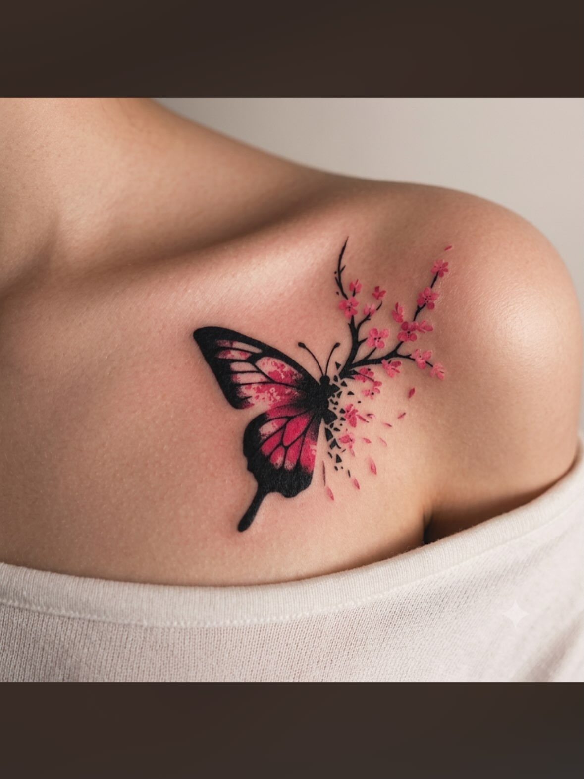 Butterfly tattoo on shoulder with pink wings transitioning into a cherry blossom branch