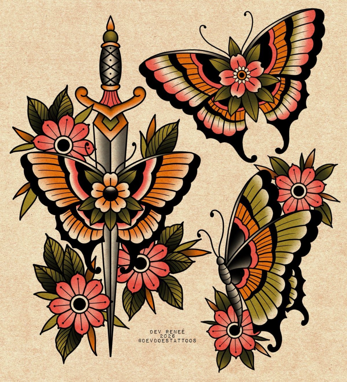 Traditional butterfly tattoo designs with bold outlines, vivid colors, flowers, and a dagger.
