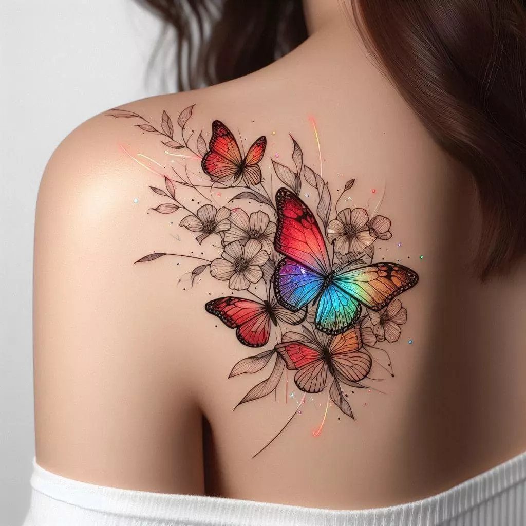 Rainbow colored butterfly tattoo with floral line art on a woman's shoulder