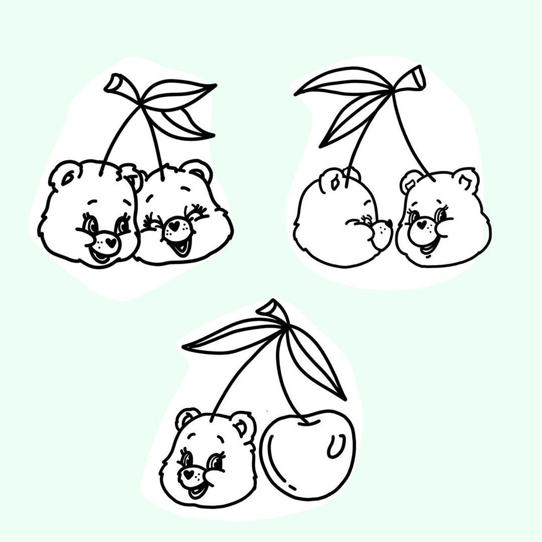 Care Bear heads drawn as cherries in a black and white flash sheet.