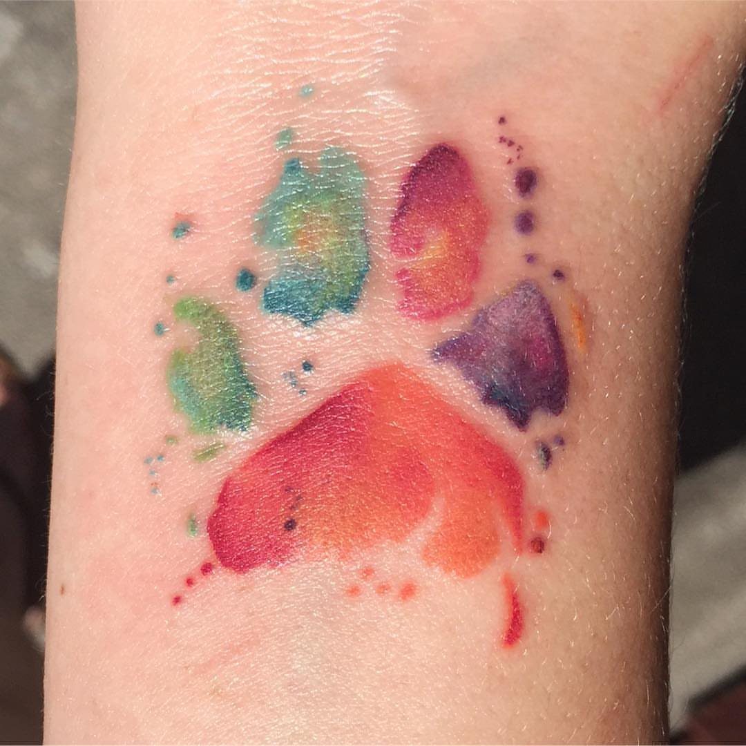 Watercolor cat paw tattoo on a wrist with blended colorful ink splashes.