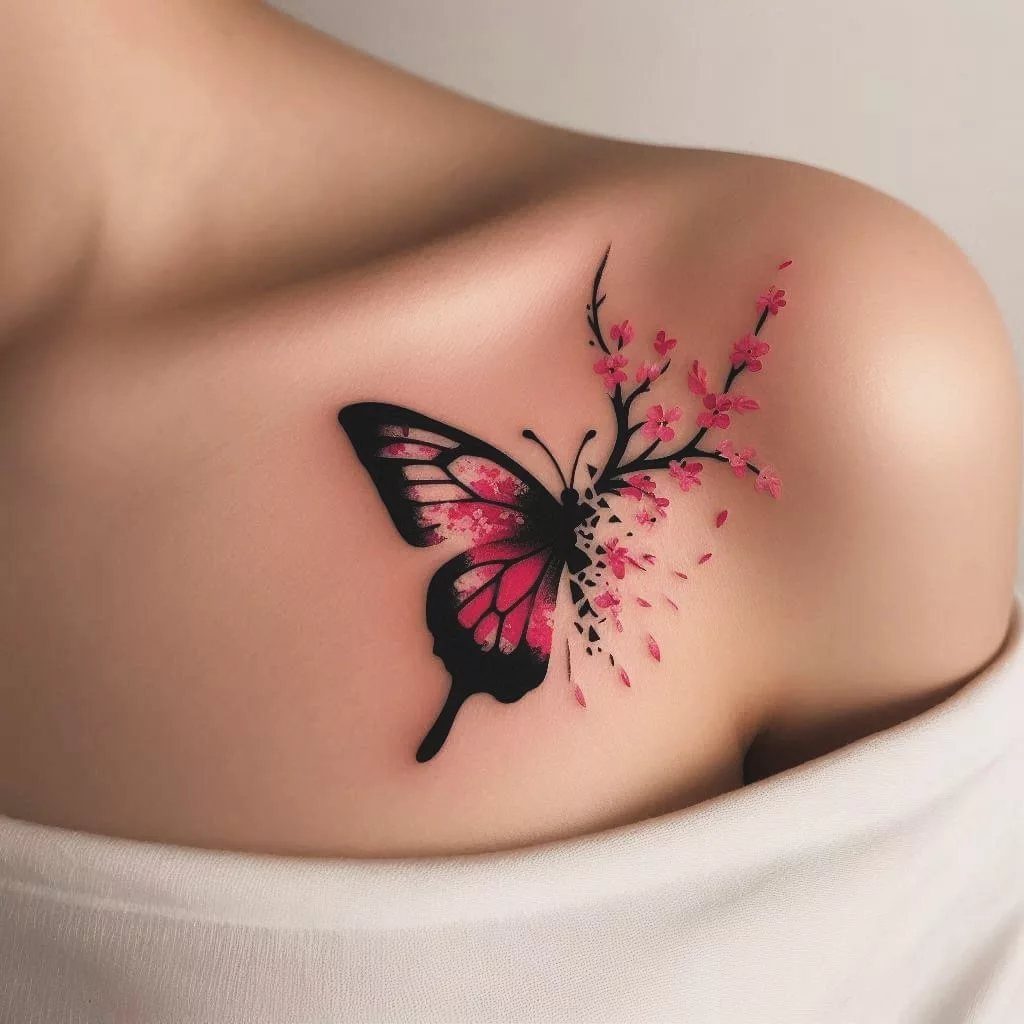 Butterfly and pink cherry blossom tattoo on a person's shoulder.