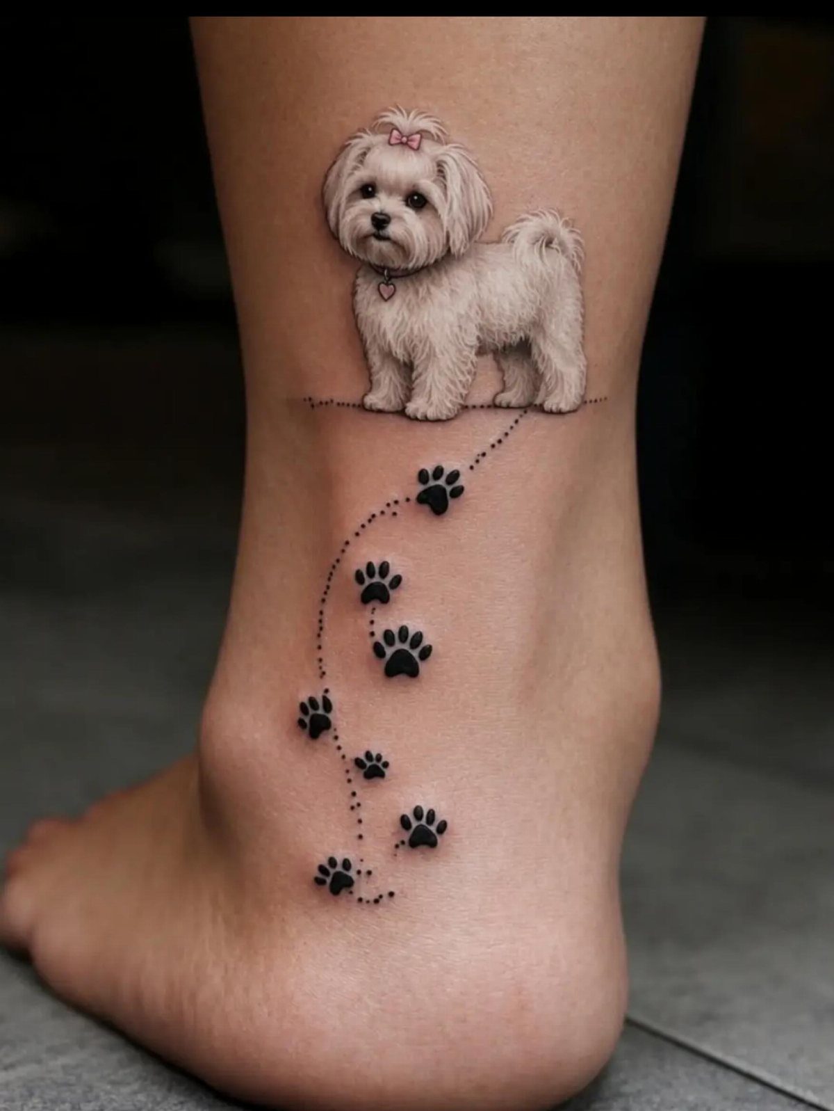 Realistic white dog tattoo with a trail of black paw prints on an ankle