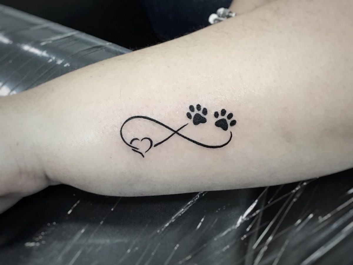 Infinity symbol tattoo with a heart and two dog paw prints on a forearm