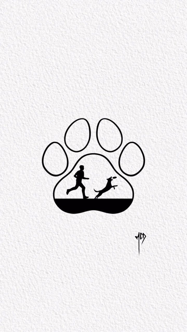 Dog paw print tattoo design featuring silhouettes of a person and dog running.