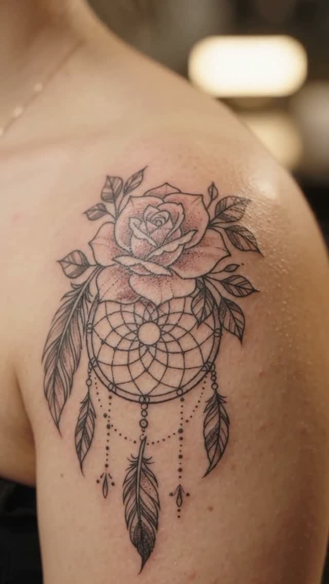 Dreamcatcher tattoo with a rose and feathers on a person's shoulder