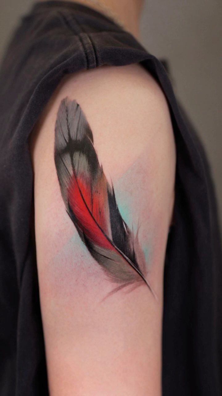Feather tattoo on an upper arm with red center and blue watercolor accents