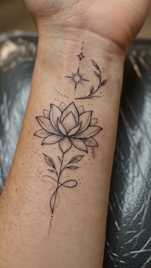 Lotus flower tattoo with celestial stars and dots on an inner forearm
