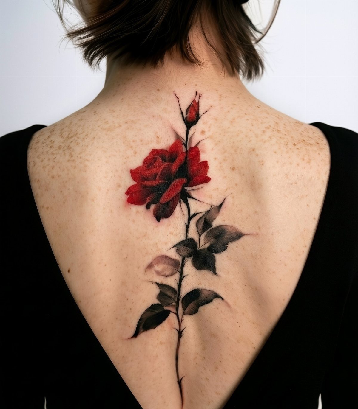 Red rose tattoo with heavy black shading running down a person's spine