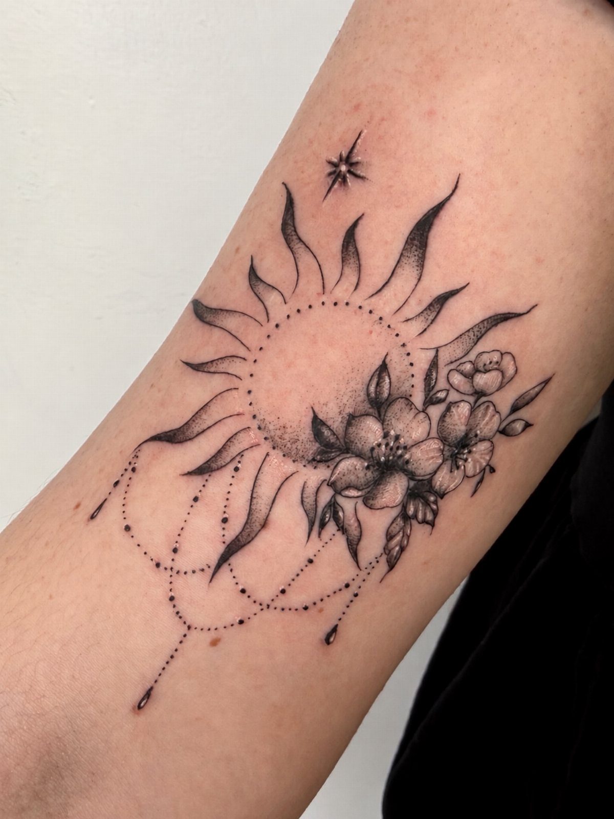 Black ink tattoo of a sun and flowers on a person's arm.