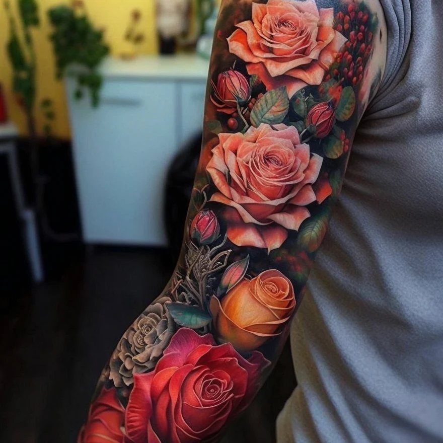 Realistic red and orange rose tattoos covering a person's arm with green leaves.