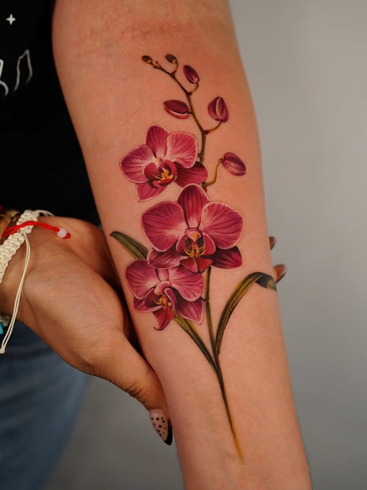 Pink orchid flower tattoo with green stems on a person's forearm