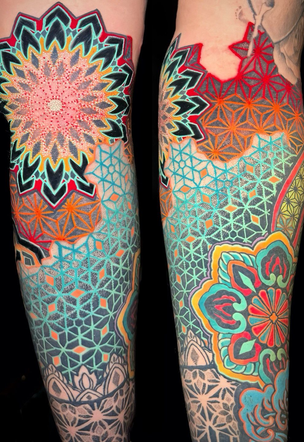 Colorful flower of life and mandala tattoos on two legs with vibrant geometric patterns.