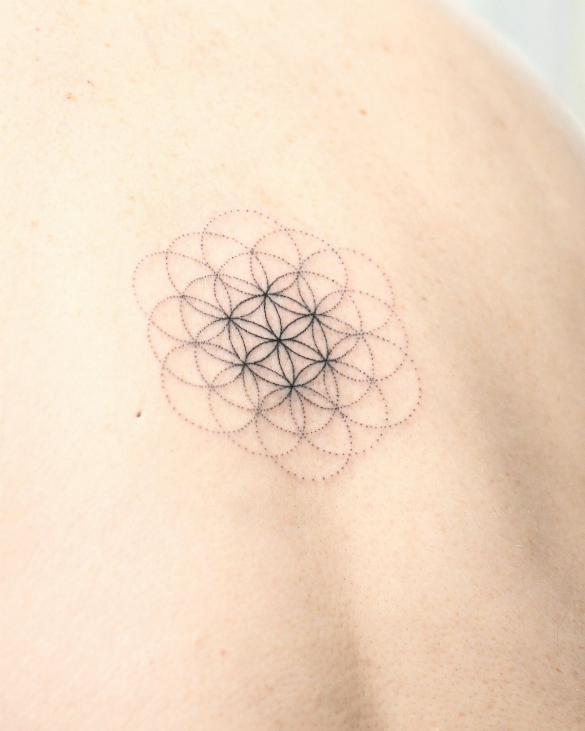 Flower of Life geometric tattoo with fine black lines on pale skin