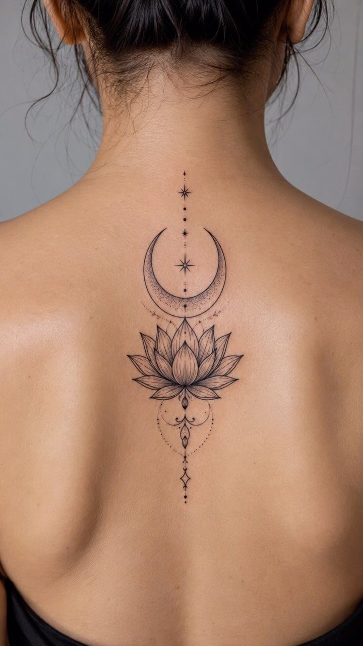 Lotus flower spine tattoo with a crescent moon and stars on a back