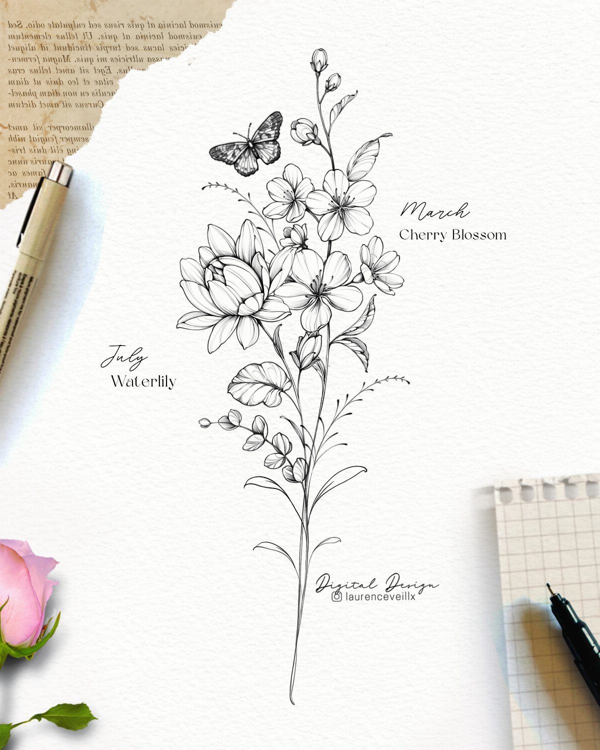 Floral tattoo design sketch featuring cherry blossoms and water lily on white paper.