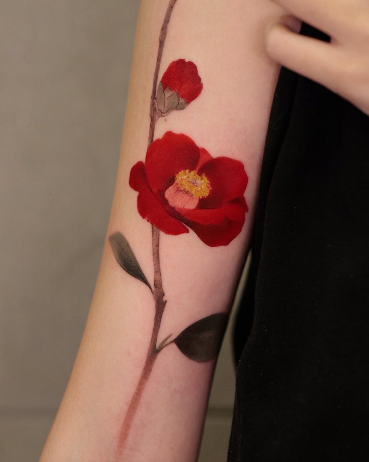 Red camellia flower tattoo with a bud and leaves on a person's arm.
