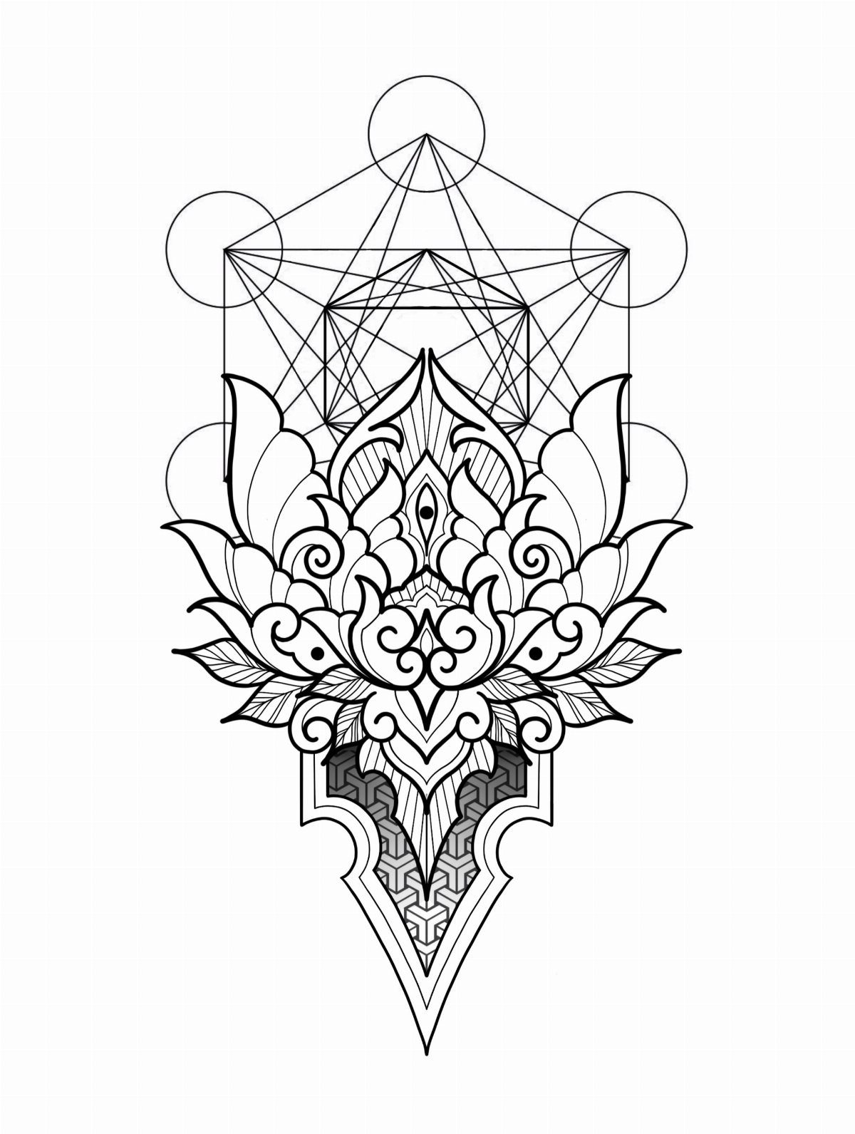 Symmetrical floral mandala tattoo stencil with geometric shapes and a lotus flower.
