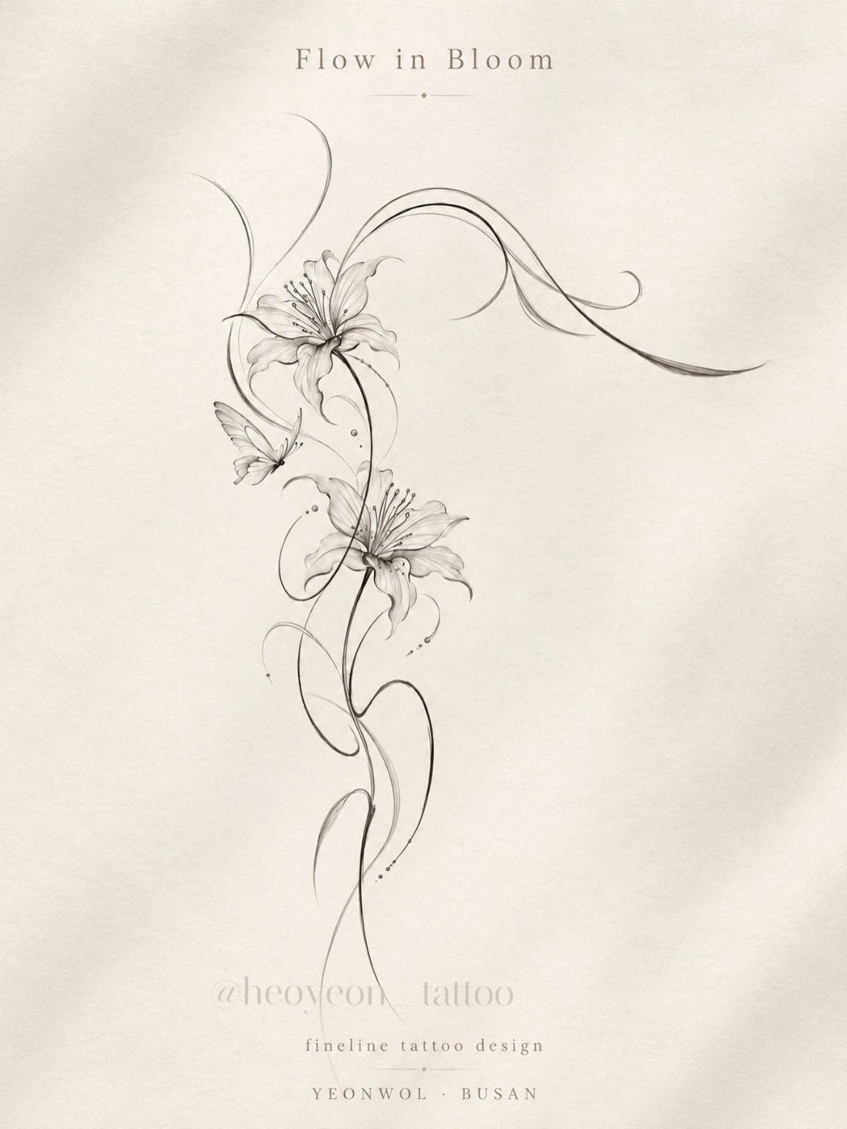 Two lily flowers with swirling vines and a butterfly in black ink outline.