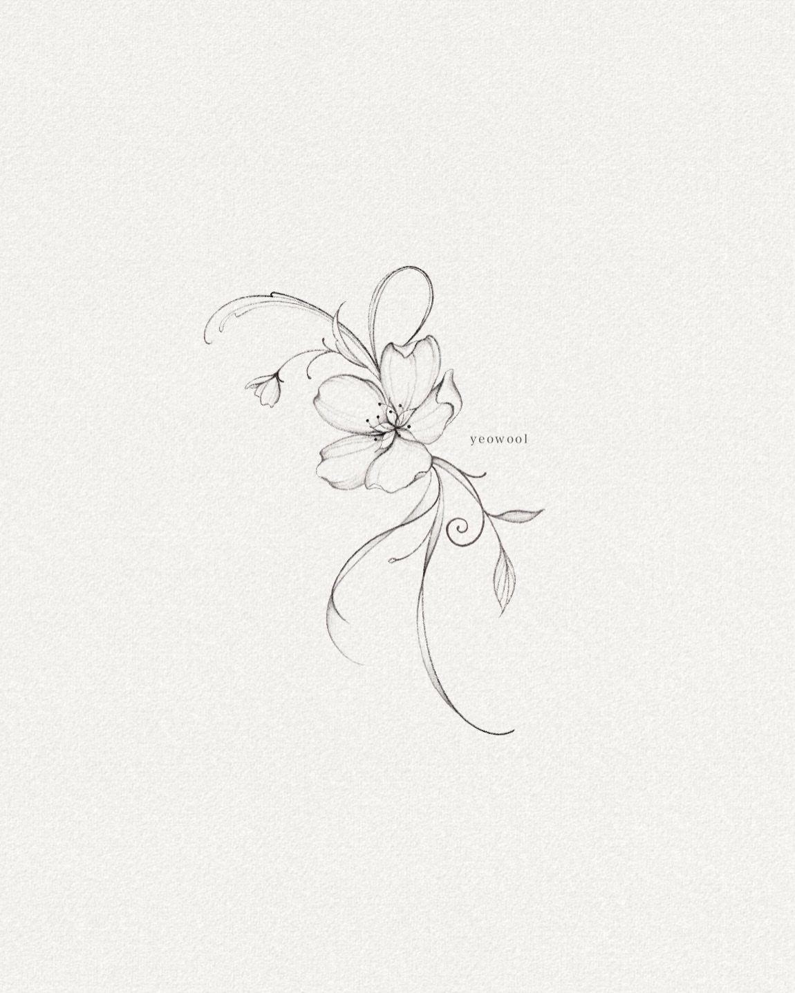 Delicate black ink flower outline with swirling stems on textured white paper.