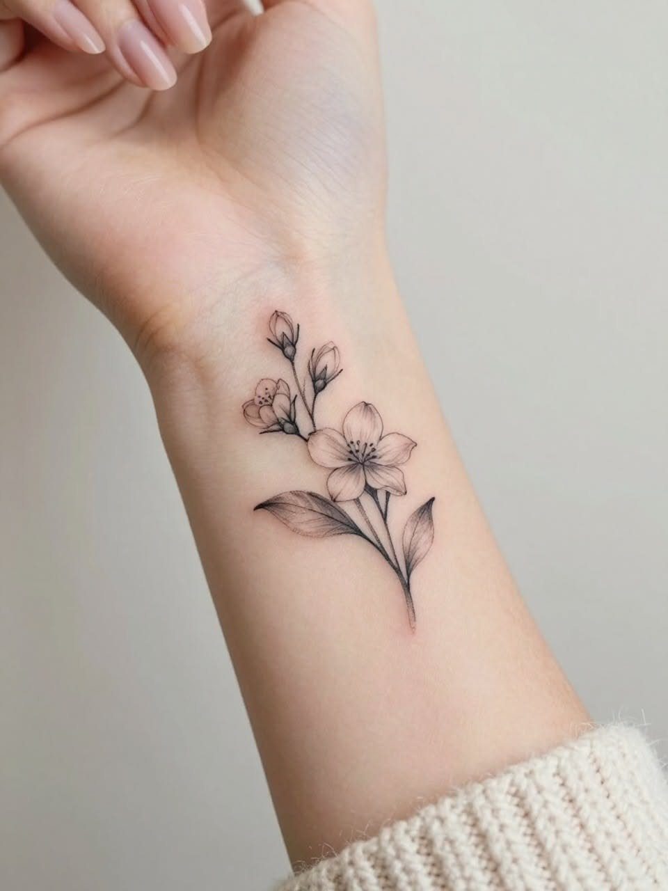 Delicate jasmine flower tattoo with pink shading on a person's inner wrist
