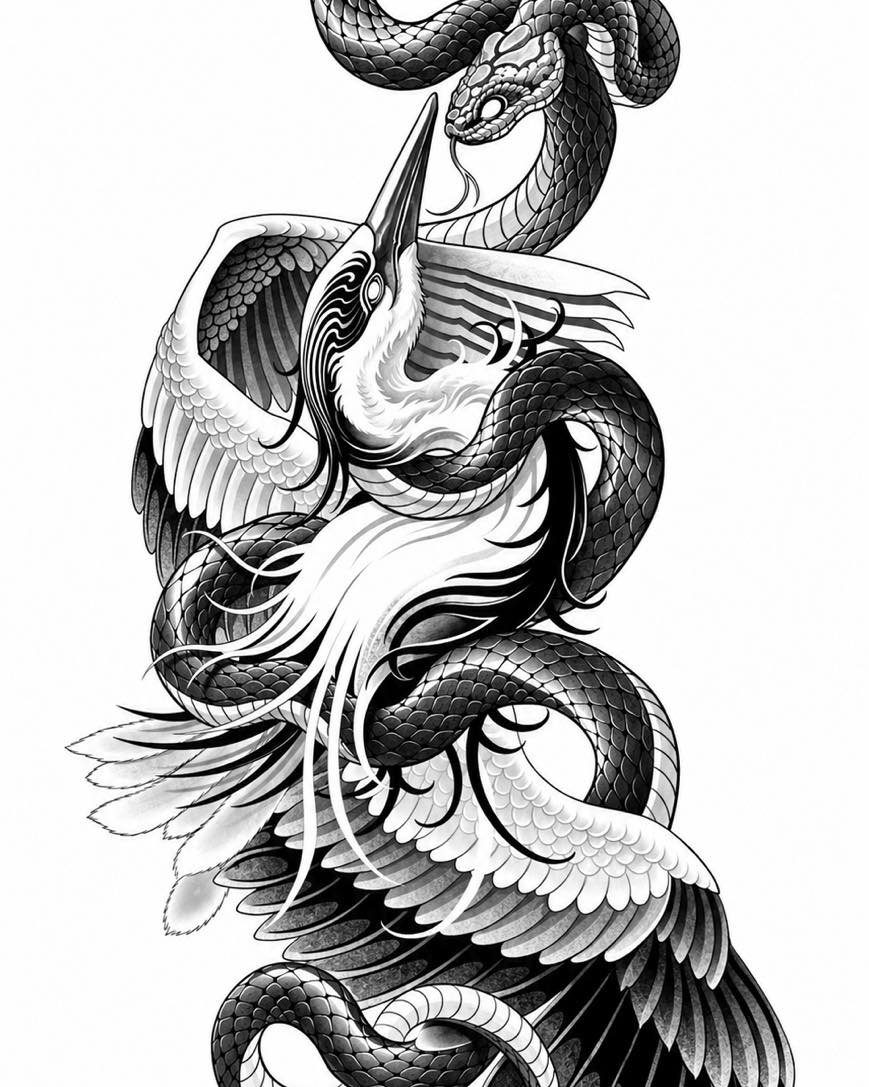 Black and white tattoo design of a snake coiled around a crane bird.
