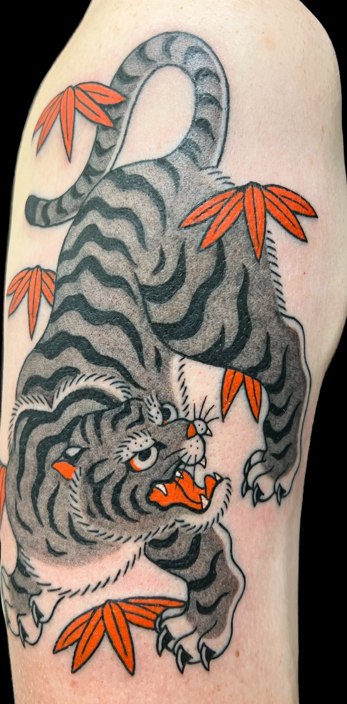 Japanese tiger tattoo with orange maple leaves on a person's upper arm