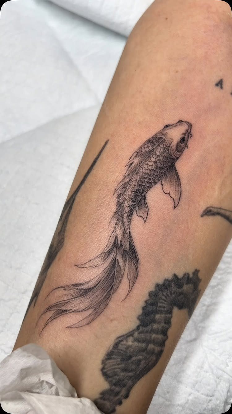Koi fish tattoo in black and grey ink on a person's arm.