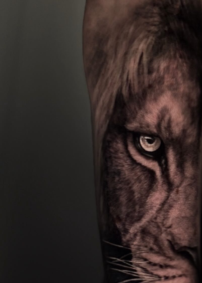 Realistic lion portrait tattoo on a forearm showing a detailed eye and mane