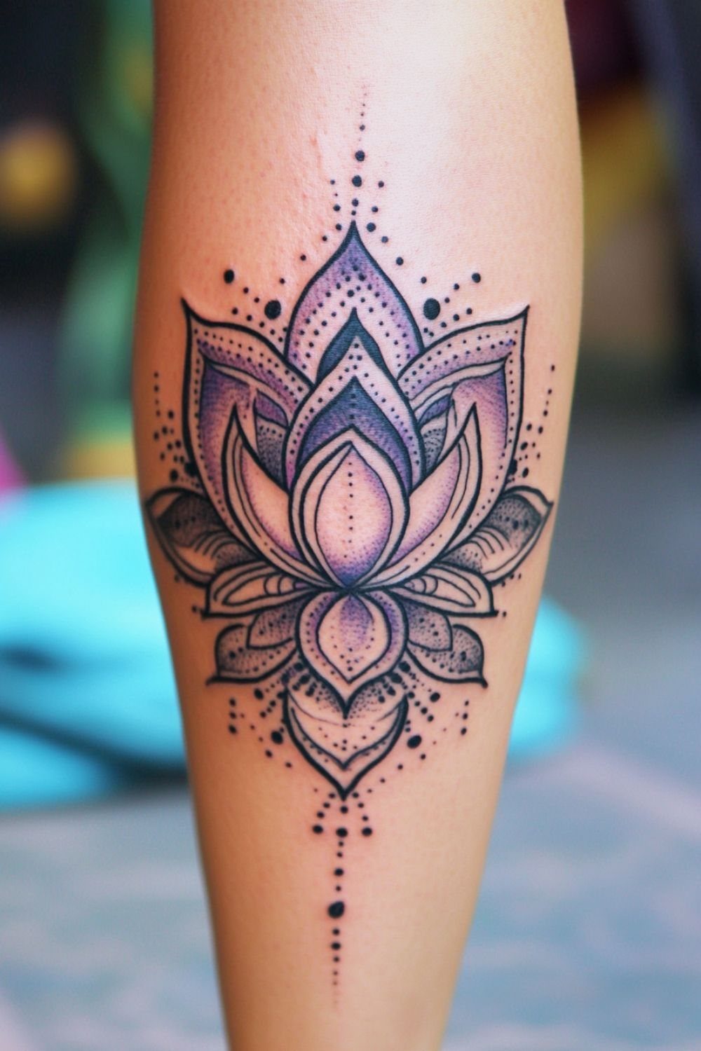 Lotus mandala tattoo with purple and black ink on a person's skin.