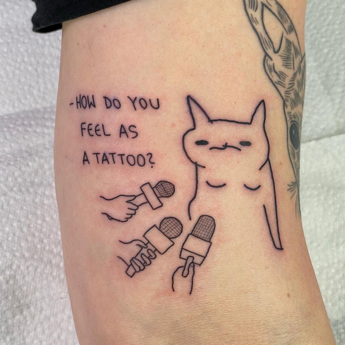 Grumpy cat tattoo being interviewed by microphones with text on human skin