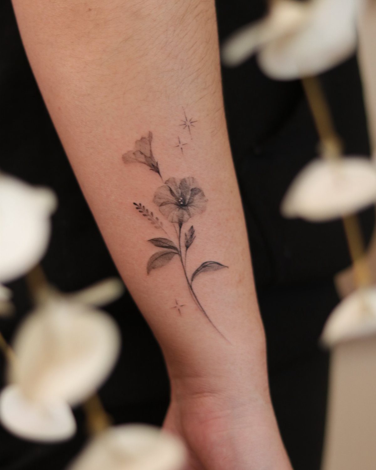 Morning glory flower tattoo with fine lines and stars on a forearm