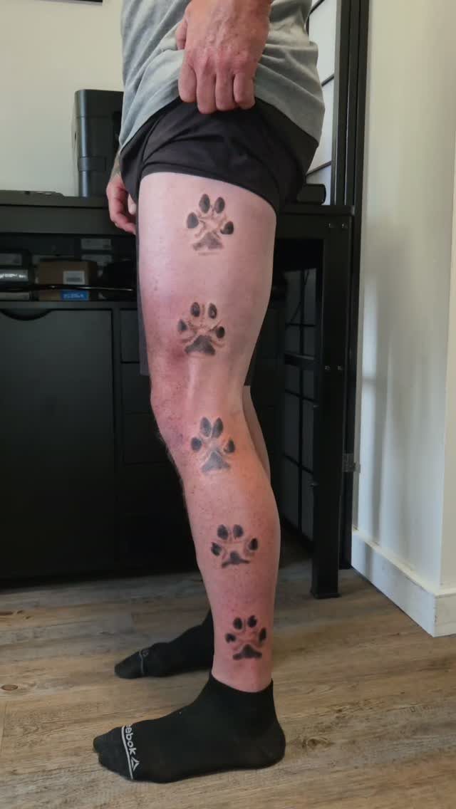 Leg with five black paw print tattoos from thigh to ankle