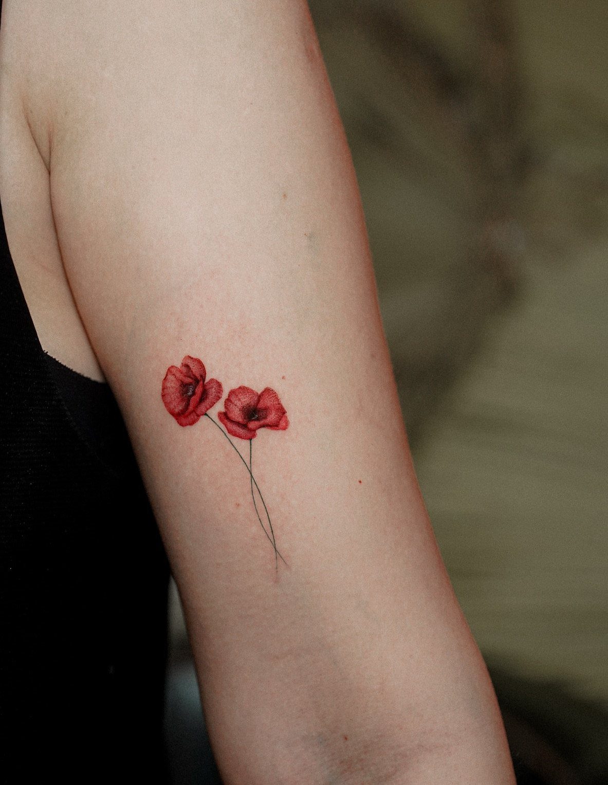 Two small red poppy flower tattoos with thin stems on a person's arm