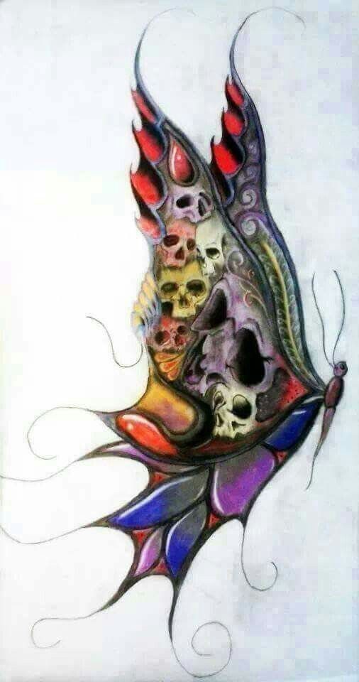 Butterfly drawing with human skulls integrated into the wing patterns in purple tones
