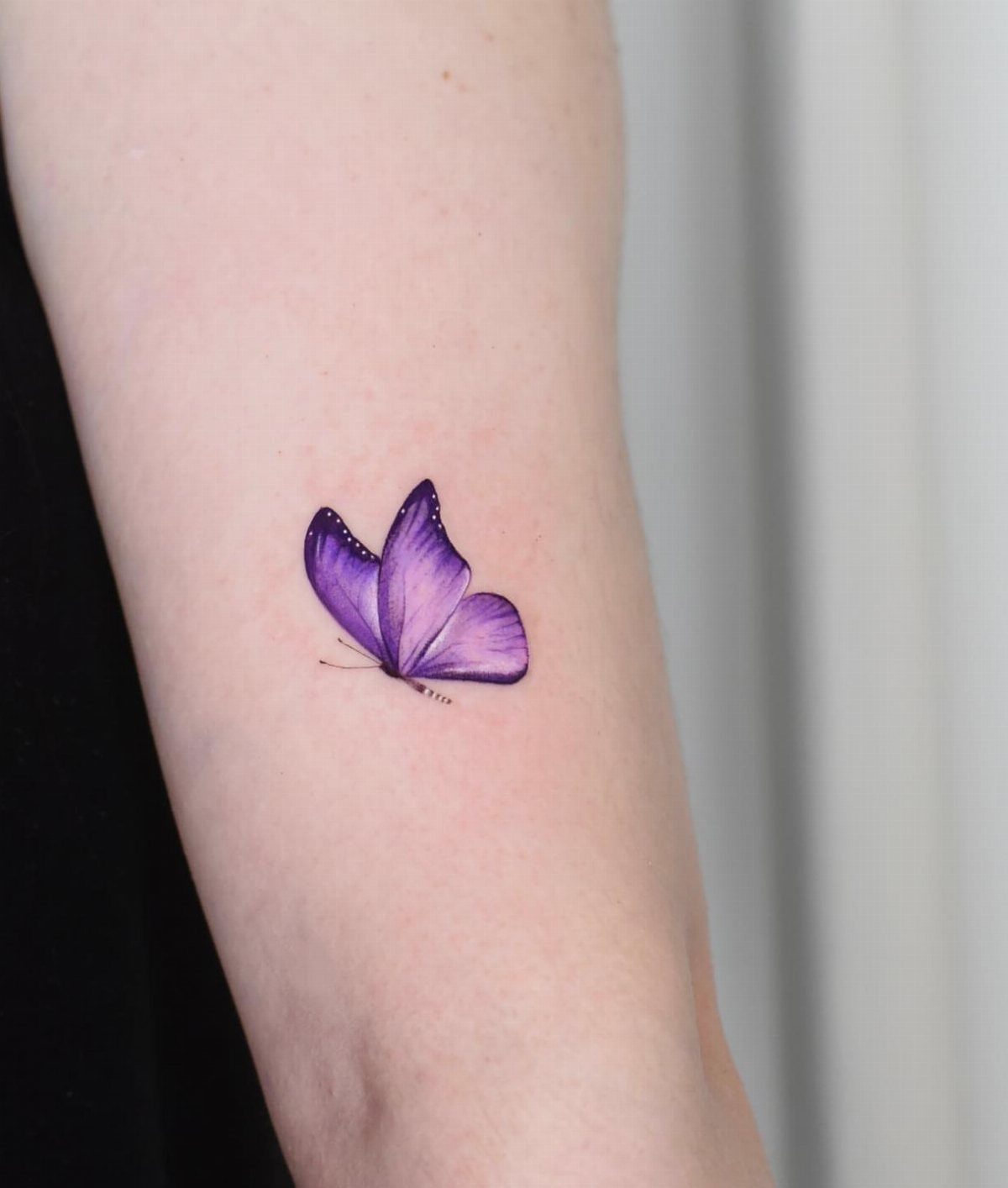 Purple butterfly tattoo on a person's inner forearm with detailed shading.