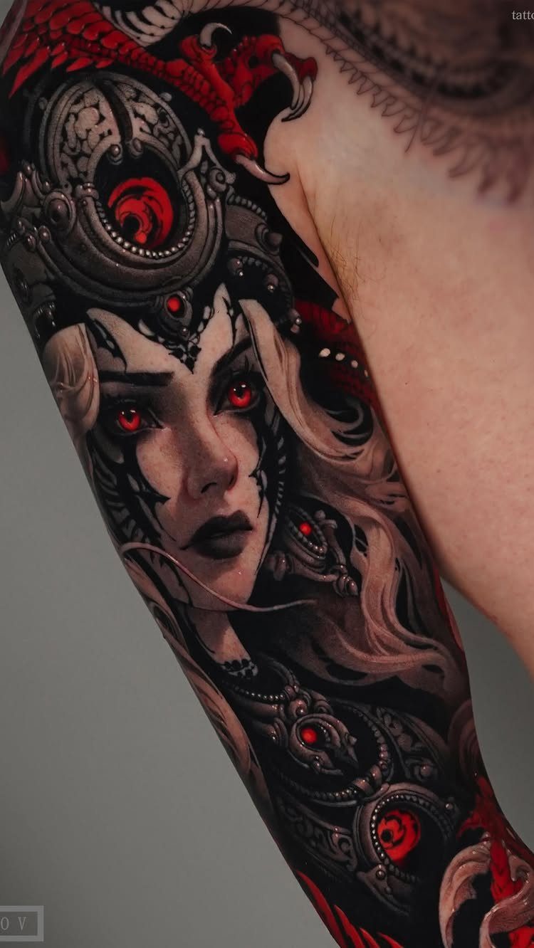 Tattoo of a pale woman with red eyes and a red dragon head.