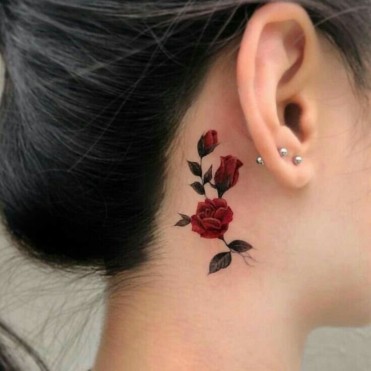 Red rose tattoo with leaves and stems located behind a person's ear.