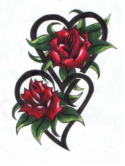 Two red roses with green leaves enclosed in black heart-shaped vine outlines.